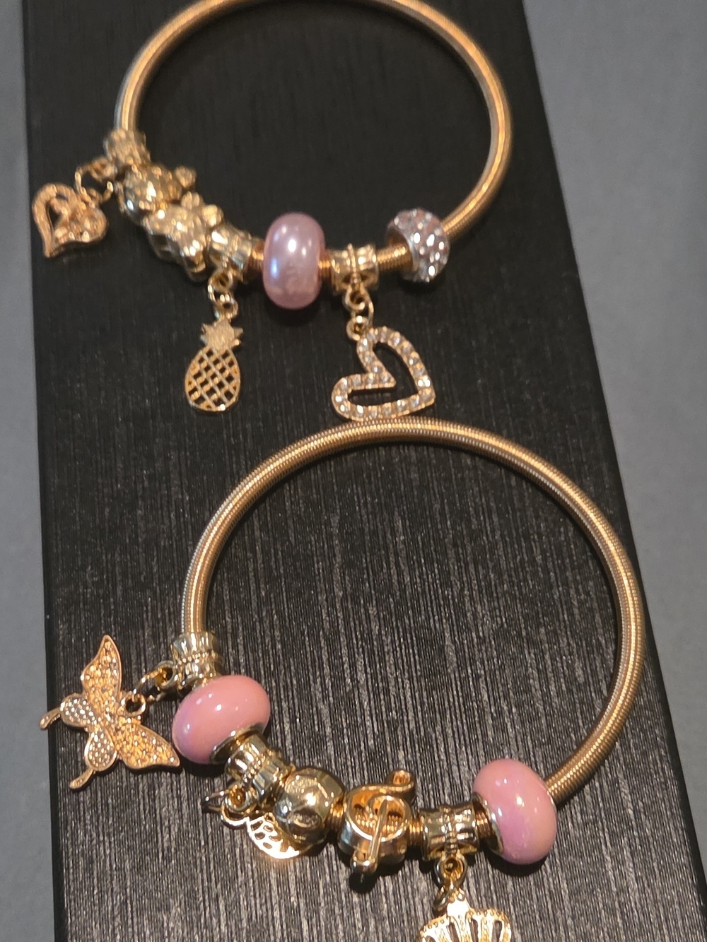Gold-Tone Pink Charm Bracelet Set - Women's Fashion Jewelry